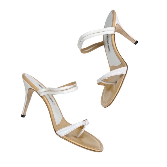 new in box Manolo Blahnik 𖦹 Nancho Strappy Kitten Heels 𖦹 White Leather 𖦹 8M - Picture 16 of 17